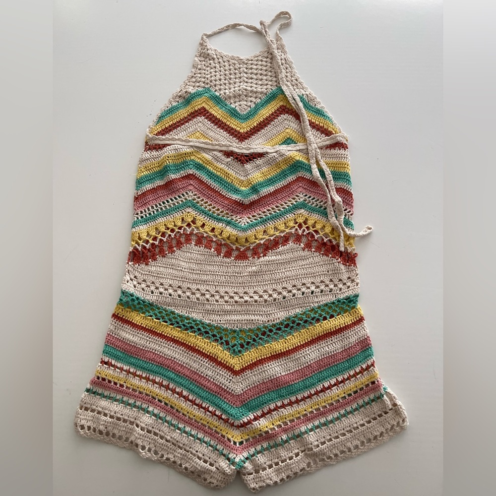 Striped Crochet Halter Romper cotton Pastel S - Picture 10 of 14